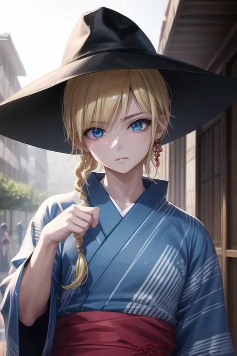 masterpiece, best quality, high quality, 1boy, solo, male focus, looking at viewer, upper body, <lora:titus_alexius:0.54>, titus_alexius, blonde hair, jewelry, blue eyes, hat, braid, yukata