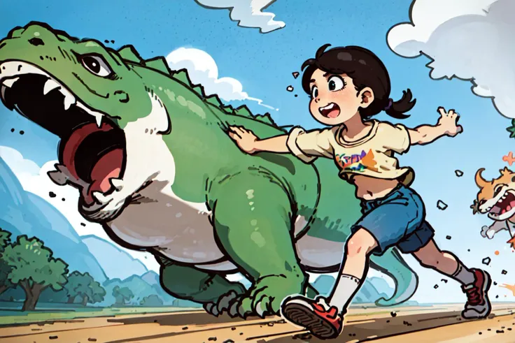 cartoon of a girl running with a dinosaur in the background