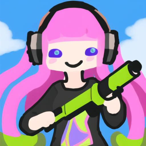 <lora:child-drawing:1.0>, <lora:paruko:0.9>, harmony, pink hair, headphones, water gun, smile, eyes