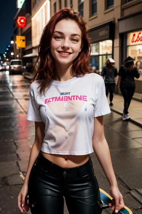 beautiful face, perfect illumination, beautiful detailed eyes, <lora:alizia-07:1> alizia,  skateboard girl, cargo trousers,large pants, white t-shirt, laugh, sexy pose, street, night, rain, perfect lighting, neon light