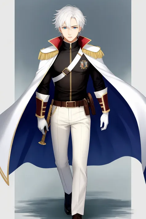 solo, looking at viewer, short hair, bangs, blue eyes, shirt, gloves, 1boy, hair between eyes, standing, jacket, full body, weapon, white hair, male focus, belt, pants, sword, white gloves, cape, white footwear, sheath, walking, white pants, white cape