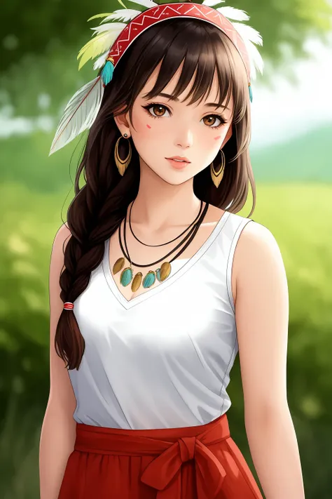 1girl, solo, long hair, looking at viewer, brown hair, shirt, black hair, hair ornament, brown eyes, jewelry, white shirt, upper body, braid, earrings, outdoors, sleeveless, necklace, blurry, lips, blurry background, headband, facial mark, feathers, realis...