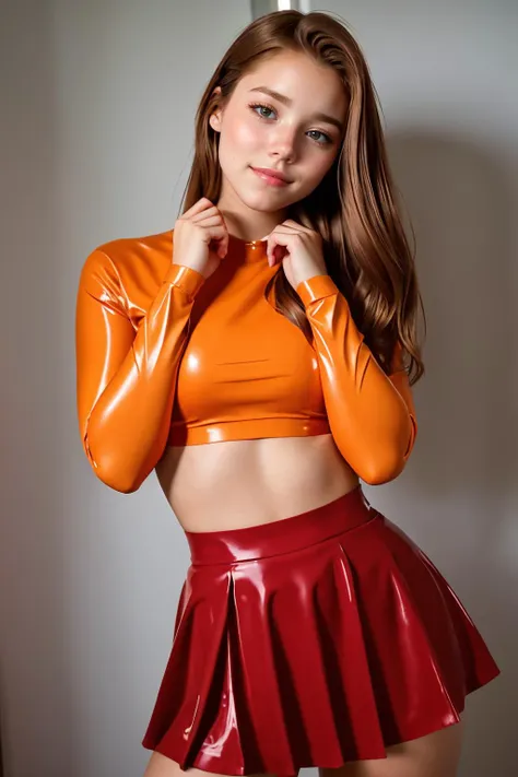 a woman in a red skirt and orange top posing for a picture