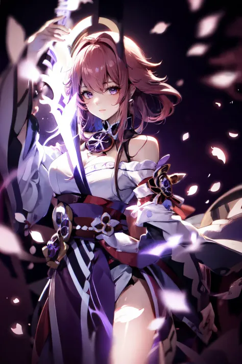 pink hair, purple hair, lightning, cherry blossoms,  wabstyle, glowing, two-tone hair,  1girl,  solo, cowboy shot, sword, cinematic angle, fisheye, motion blur,
<lora:wabstyle:1:lbw=PALETTE>
<lora:RaidenShogun-HandsFix:0.5><lora:YaeMiko_Test:0.7>