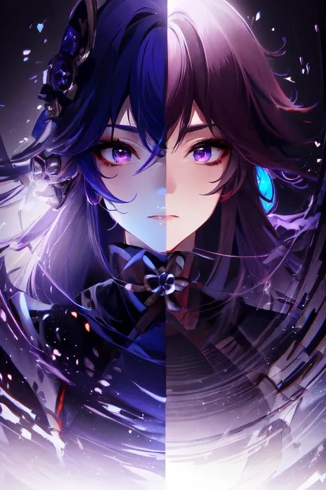 wabstyle, glowing, split sheme, two-tone hair, 1girl, solo, Her left face is raiden shogun with purple hair, and her right face is yae miko with pink hair, full body, cinematic angle, fisheye, motion blur,
<lora:wabstyle:0.8>
<lora:RaidenShogun-HandsFix:0....