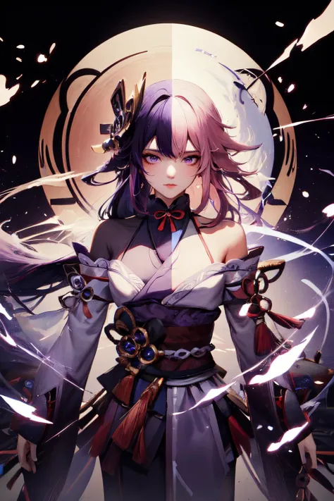 wabstyle, glowing, split sheme, two-tone hair, 1girl, solo, Her left face is raiden shogun with purple hair, and her right face is yae miko with pink hair, full body, cowboy shot,  cinematic angle, fisheye, motion blur,
<lora:wabstyle:0.7>
<lora:RaidenShog...