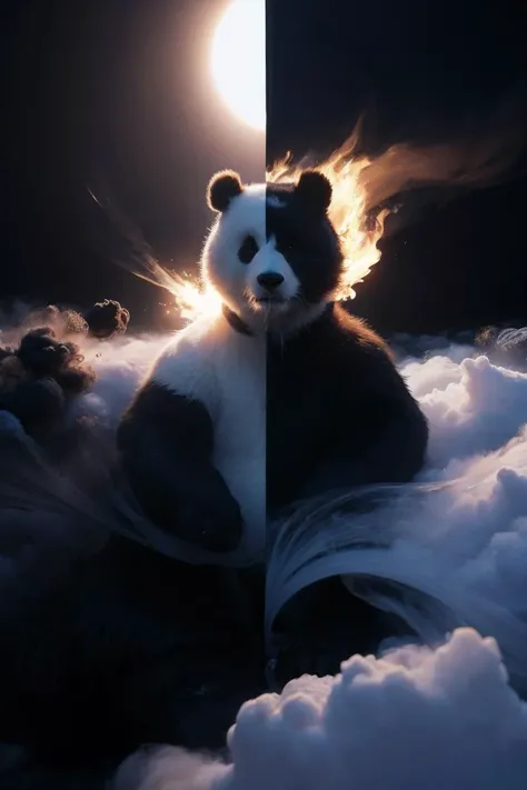 masterpiece,best quality,(photorealistic:1.4),
2pandas,
cute panda,panda composed of black smoke,fire,sun,
wabstyle,glowing,(fog,:1.2)  (mist:1.2),smoke,
cowboy shot,cinematic angle,fisheye,motion blur,
<lora:wabstyle:1>,