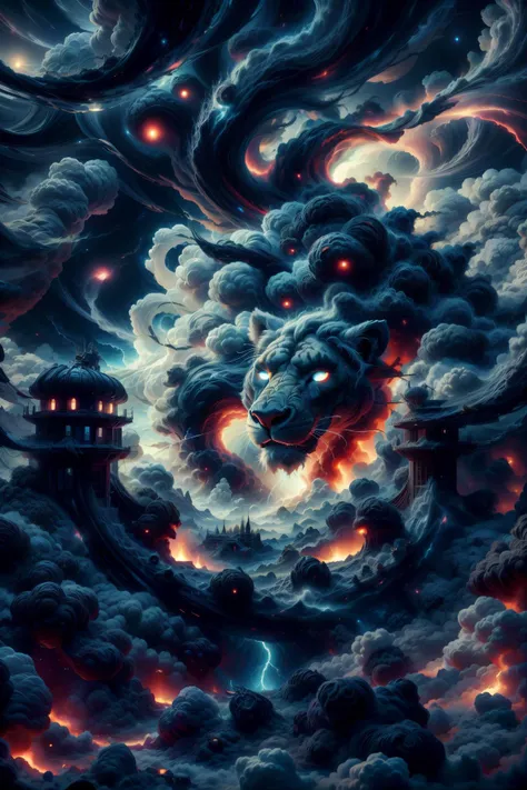 a painting of a lion in the clouds with a lighthouse in the background