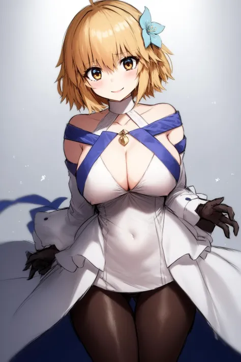 1girl,<lora:outfit_himeclothing-000008:1>  white dress, pantyhose, blue ribbon, smile, short hair, hair flower, huge breasts, standing,  <lora:huafeng_blacksoulsLoraOfBlack_v20:0.85:outall>