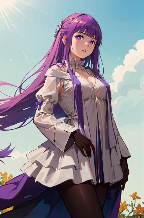 cowboy shot,  <lora:outfit-archetype_earthv2-pynoise:1> outfit-archetype,  <lora:Fern:1> FernFrieren, very long hair, purple eyes, (purple pupils),, ultra detailed, masterpiece, best quality, aesthetic, detailed,