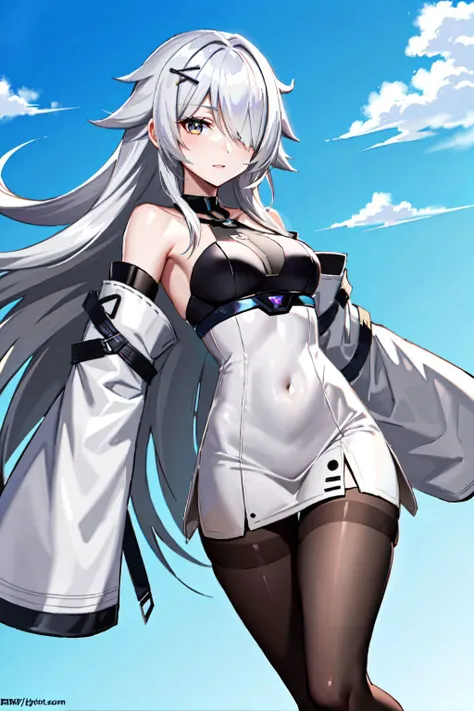 1girl, no.21, bandage over one eye, (pale skin:1.1), navel, thighs, medium breasts, long hair, white hair, bangs, gray eyes, bare shoulders, black legwear, dress, pantyhose, hair ornament, hairclip, jacket, (long sleeves), standing, body portrait, outdoors...