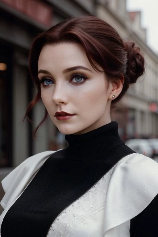 <lora:karenallen:0.6>, karenallen,  , photo of a woman, ((dark red hair, hair up, hair in bun)), ((outdoors, detailed fantasy city, black turtleneck bodysuit, white trim, white cape)),serious,((dark red hair, short hair)) ((dark lipstick, heavy eyeliner, h...