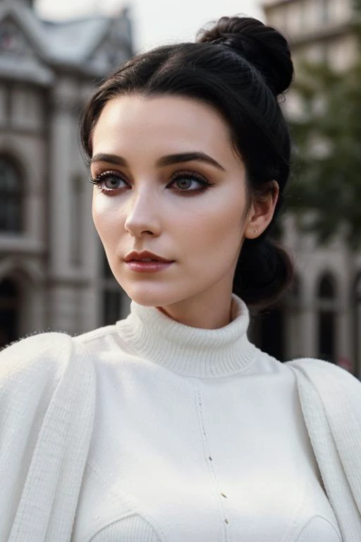 <lora:karenallen:0.6>, karenallen,  , photo of a woman, ((black hair, hair up, hair in bun)), ((outdoors, detailed fantasy city, white turtleneck bodysuit, white trim, black cape)),serious, ((dark lipstick, heavy eyeliner, heavy eye shadow, blush, goth mak...