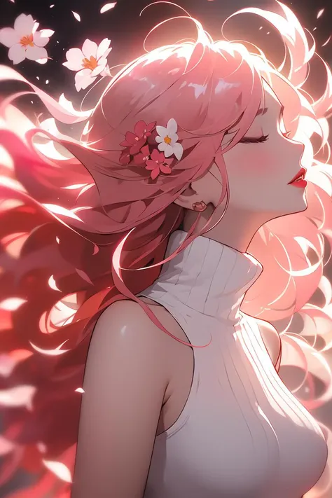 Mr_MC_R-WM_V1,<lora:Mr_MC_R-WM_V1.2:0.8>,1girl,long hair,solo,floating hair,closed eyes,upper body,sleeveless,parted lips,red lips,lips,pink hair,turtleneck,bare shoulders,(flower),eyelashes,<lora:GoodHands-beta2:1>,