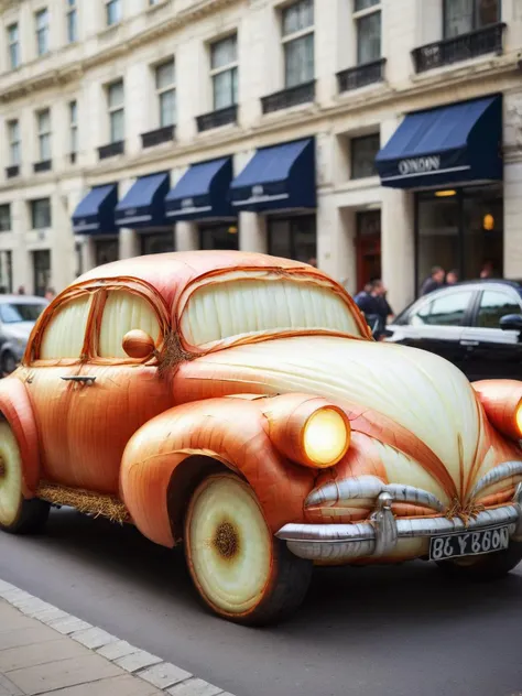 A classic vintage car parked on a bustling city street, its bodywork and interior details crafted in detailed onion layers <lora:onionstyle:1>, <lora:EnvyBetterHiresFixXL01:0:hr=1>