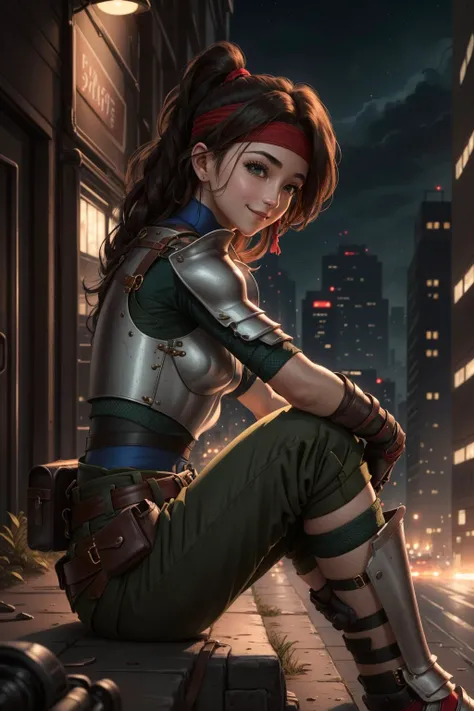 masterpiece, 4K, best quality, jessie rasberry, headband, armor, blue bodysuit, belt, pouch, green pants, sitting against a building, looking at viewer, night, smile, tired, dystopian city <lora:jessie-nvwls-v2-000010:0.9>