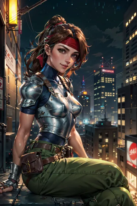 masterpiece, 4K, best quality, jessie rasberry, headband, armor, blue bodysuit, belt, pouch, green pants, sitting against a building, looking at viewer, night, smile, tired, dystopian city,  <lora:jessie-nvwls-v2:0.9>