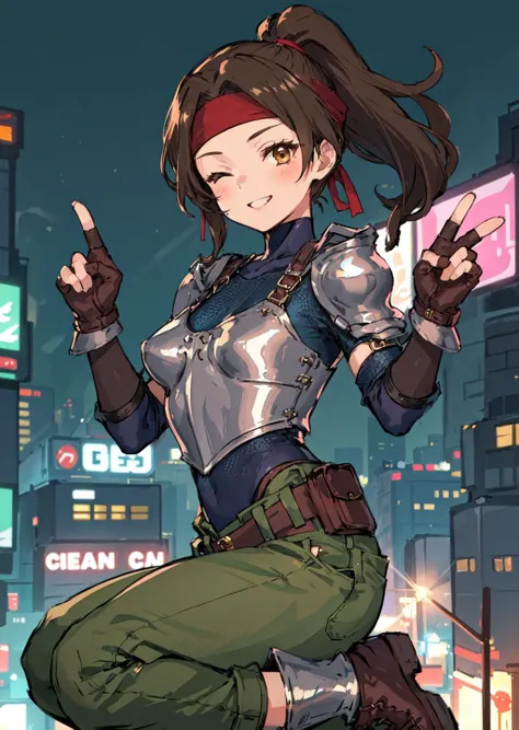 masterpiece, best quality, 1girl, jessie rasberry, headband, armor, blue bodysuit, belt, fingerless gloves, green pants, boots, futuristic city, night time, neon lights, looking at viewer, peace sign, smiling, ((winking)), brown eyes <lora:jessie-nvwls-v1-...