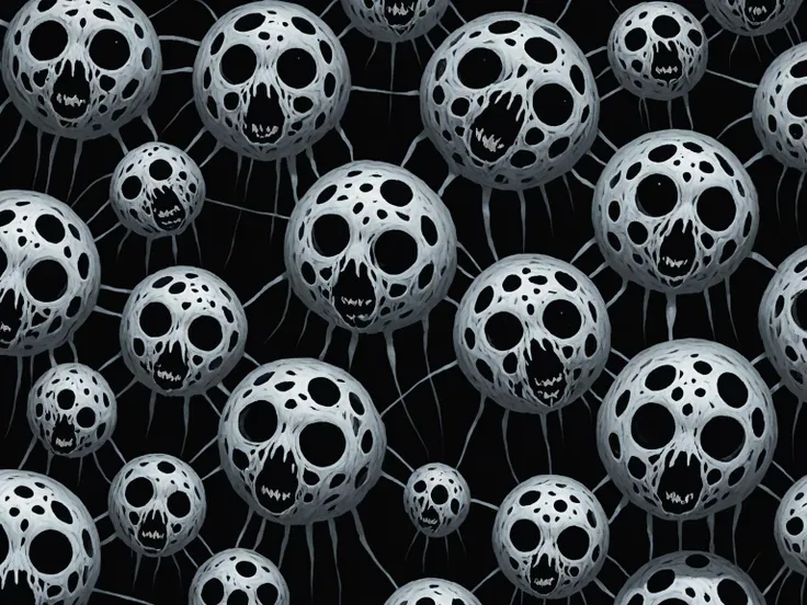 a close up of a bunch of skulls with faces on them