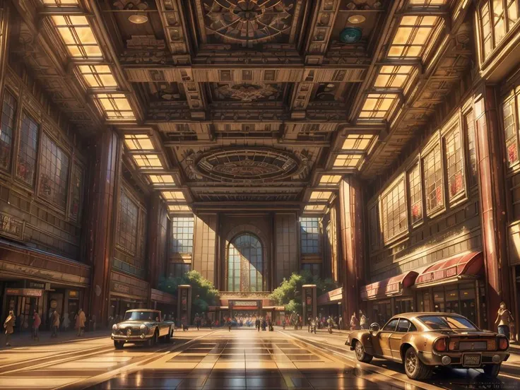 authoritarian, cityscape, scenery, view of a grand city, (masterpiece:1.3), (best quality:1.2), chiaroscuro, ( Unreal Engine, CGI render, Hyperdetailed, scenery, city, vivid colors, deep metallic colors, buildings, train station, mall, central park, reside...