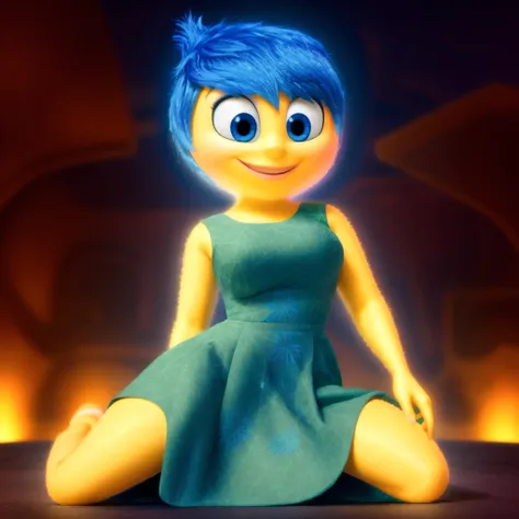 a cartoon character sitting on the ground with a blue dress