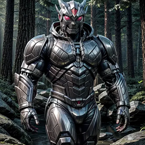 arafed man in a suit of armor walking through a forest