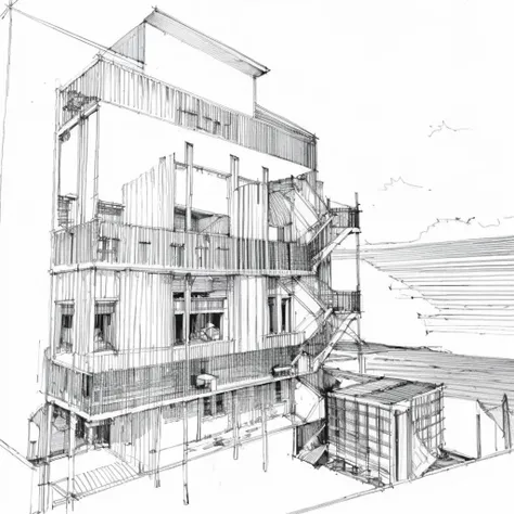 a drawing of a building with a staircase going up to it