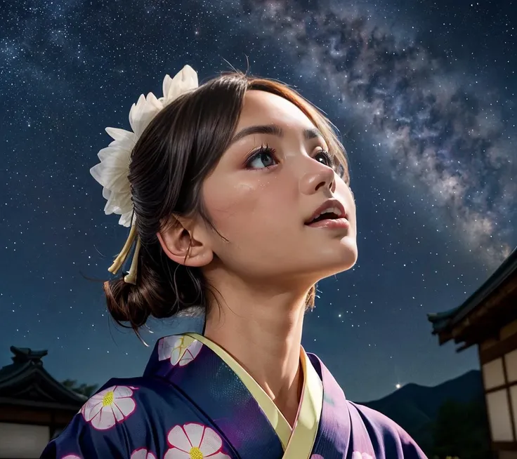 (high resolution:1.2),(Takabata:1.4), (RAW photo of a woman looking up to the starry sky:1.2), (sharp focus:1.3), (face focus:1.2), ((a woman wearing a yukata:1.5), (23 yo:1.1), (slim face), (symmetrical eyes, clear eyes),  medium breast, cute, elegant, no...