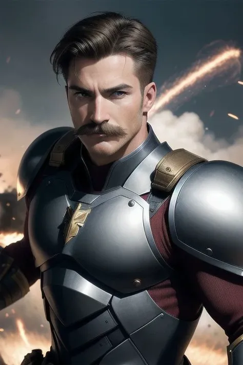 (masterpiece), (best quality, high quality):1.3, a head and full body shot of a very handsome moustache commander hunk dramatically fighting at the battlefield, warzone, very symmetric male head, handsome face, symmetric eyes, crooked nose, long chin, very...