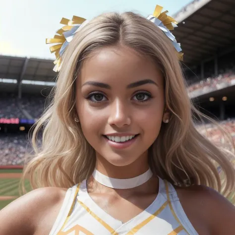 a close up of a woman in a cheerleader outfit at a baseball game