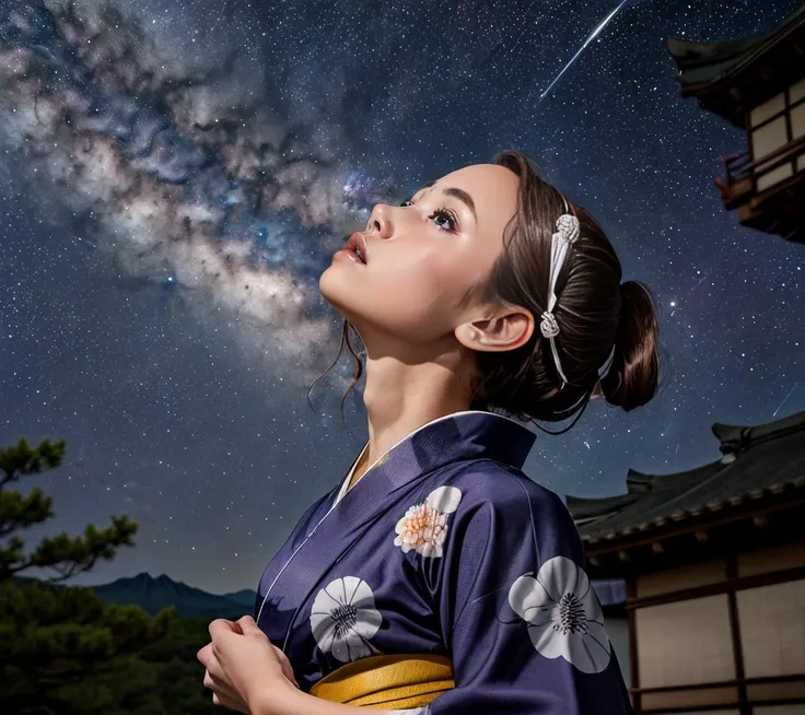 (high resolution:1.2),(Takabata:1.4), (RAW photo of a woman looking up to the starry sky:1.2), (sharp focus:1.3), (face focus:1.2), ((a woman wearing a yukata:1.5), (23 yo:1.1), (slim face), (symmetrical eyes, clear eyes),  medium breast, cute, elegant, no...