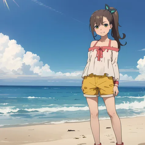 <lora:rinneinaba:0.7>,looking at viewer,smile,parted lips,
1girl,child,brown hair,butterfly hairclip,side tail hair,green and yellow eyes,yellow shorts,
full body,
ocean,beach,sunshine,