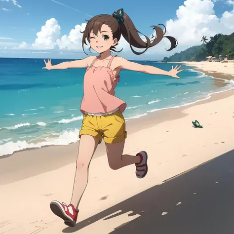 <lora:rinneinaba:0.7>,looking at viewer,smile,parted lips,one eye closed,head tilt,
1girl,child,brown hair,butterfly hairclip,side tail hair,green and yellow eyes,yellow shorts,
full body,spread arms,running,
ocean,beach,sunshine,