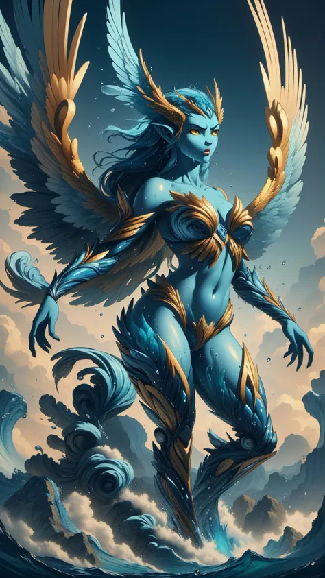 a digital painting of a woman with wings flying over a body of water