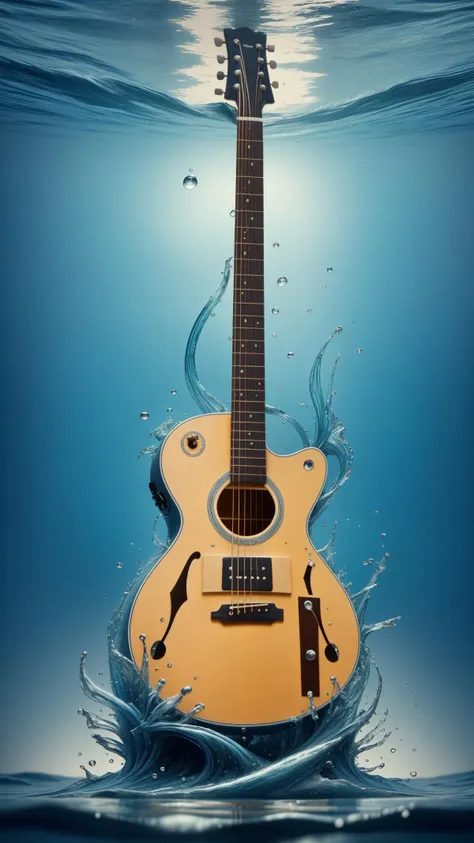 a guitar in the water with a sun shining behind it