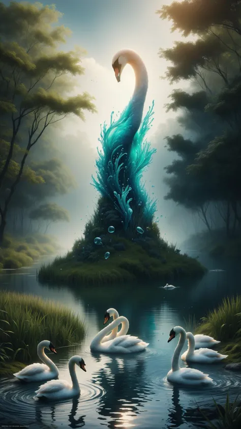 <lora:ElementWater:0.8>ElementWater Realistic digital painting of a serene pond filled with origami swans, soft sunlight filtering through the trees, vibrant green foliage, still water, pastel-colored swans, intricate folds, reflections on the water, shall...