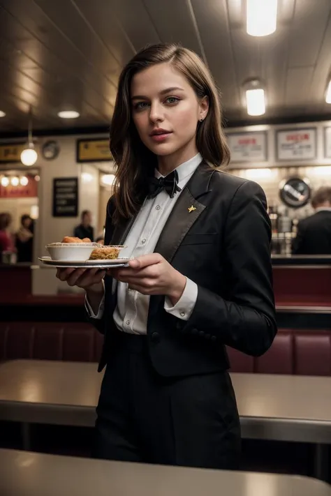 photo of (mbeno1st:0.99), a woman, perfect hair, award-winning photo, sfw, wearing (tuxedo), (A classic, vintage Americana diner with a chrome bar and swivel stools), 70mm, f/8, ((auto focus, color, DOF, Aperture, 8k uhd, dslr, cinematic lighting, insanely...