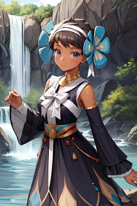 masterpiece, best quality, highres, solo, fallPhoebe, dark skin, hairband, hair flower, blue flower, black dress, bow, detached sleeves, <lora:phoebe-nvwls-v1:1>, waterfall, cascading water, rocky cliffs, refreshing, <lora:add_detail:0.8>