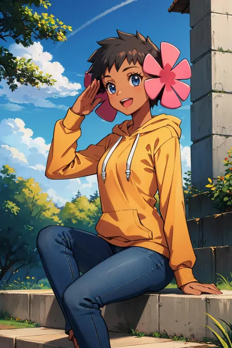 masterpiece, best quality,  <lora:phoebe-nvwls-v1-000009:0.9> defPhoebe, dark skin, hair flower, pink flower, orange hoodie, jeans, salute, sitting, stairs, sky, clouds, trees, :D