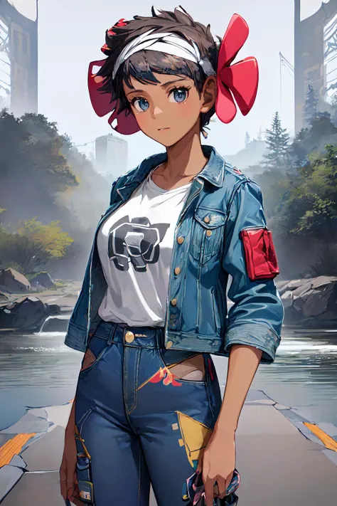 masterpiece, best quality, highres, solo, fallPhoebe, dark skin, hairband, hair flower, blue flower, (Denim_jacket_with_patched_artwork:1.5),(Graphic_tee:1.4),(Cargo_pants:1.3),(Music_festival_background:1.4), <lora:phoebe-nvwls-v1:1>, hidden waterfall, se...