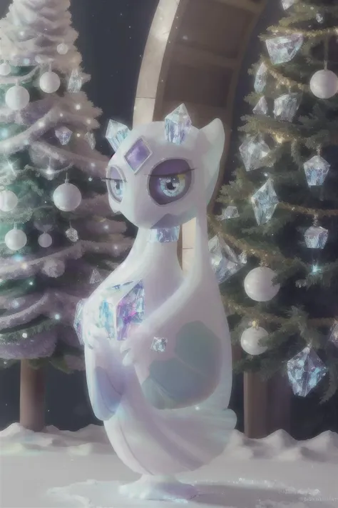 there is a white pony with a purple bow sitting in the snow