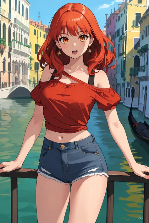 masterpiece, best quality, absurdres, 1girl, solo, smile, standing, facing viewer, <lora:EPfeCelica-08:0.7>, EPfeCelica, orange eyes, red hair, mosaic art, venice, gondola ride, day, arm at side, shoulder cutout, denim shorts, :o