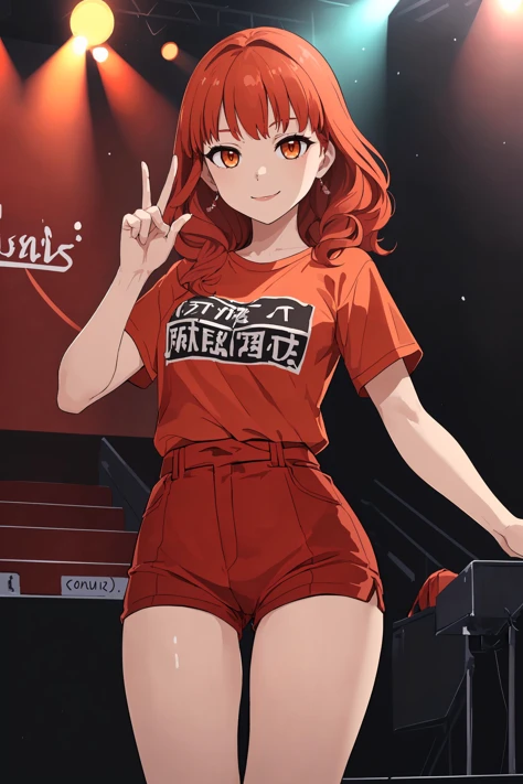 masterpiece, best quality, absurdres, 1girl, solo, smile, standing, facing viewer, <lora:EPfeCelica-08:0.7>, EPfeCelica, orange eyes, red hair, fake scrollbar, concert, stage, stage lights, idol, day, index finger raised, red t-shirt, hotpants, expressionl...