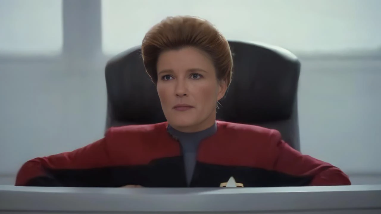 cinematic film still cinematic photo breathtaking portrait of <lora:captain_janeway_100x100:0:1.0> captain_janeway, woman, on the voyager bridge, red uniform, sit in the captain chair, open legs . award-winning, professional, highly detailed . 35mm photogr...