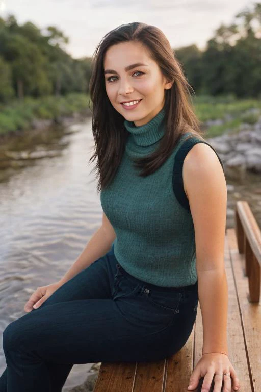 ((Full Body View)) of molly, ((Wearing a sleeveless turtleneck)), ((sitting on a bench next to a river)), 8k raw, high res, ultrarealistic, hyperrealistic, soft lighting, good lighting, textured skin, photorealism, DSLR photo, high details, detailed face, ...