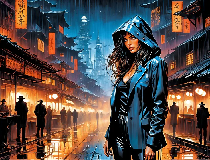 a close up of a woman in a raincoat standing on a street