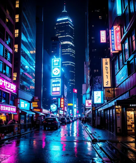 arafft city street at night with neon signs and buildings