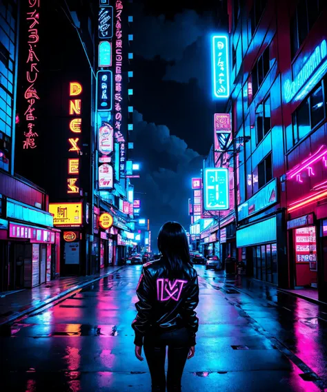 RAW photo of 1girl black hair, building, city, city lights, cityscape, cloud, dark, from behind, jacket, neon lights, neostyle, night, road, scenery, sign, table<lora:style:.8>