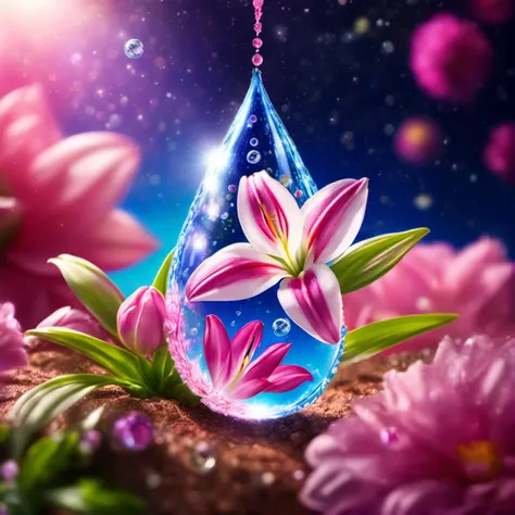 waterart, flower, water, blurry, depth of field, leaf, pink flower, bubble, water drop, realistic, planet, pink flower <lora:waterart:1>