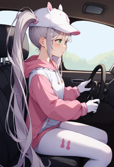 score_9, score_8_up, score_7_up, score_6_up, BREAK from side,car interior,driving,steering wheel,alicebunny, twintails, very long hair, grey hair, hat, pink eyes, hoodie, white leggings, white gloves <lora:alice-nikke-richy-v1_pdxl:1>